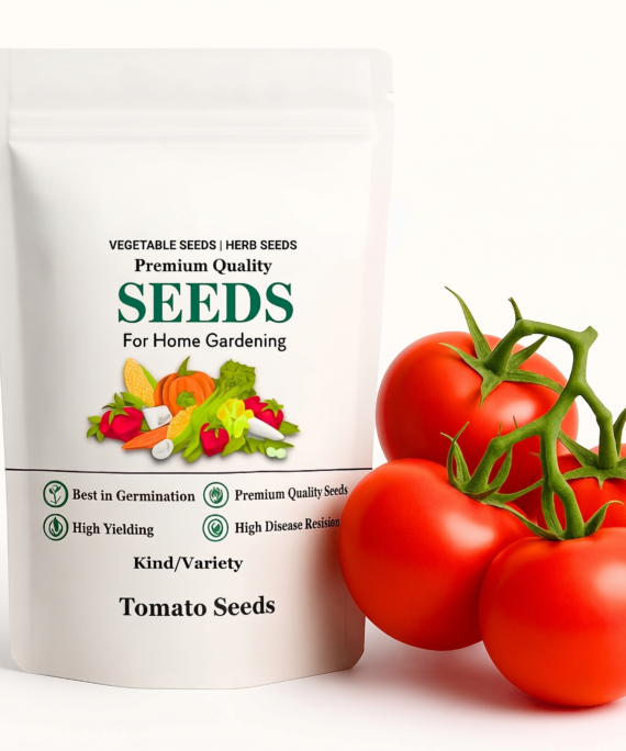 Product packaging for Tomato Seeds next to a bunch of fresh red vine tomatoes on a white background.