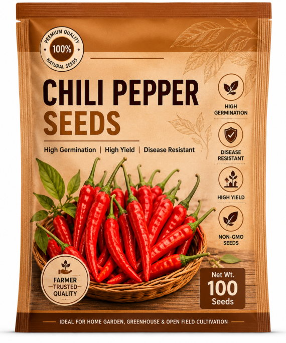 Premium chili pepper seeds packaging with brown eco-style pouch featuring red chili peppers, high germination icons, and agricultural seed branding.